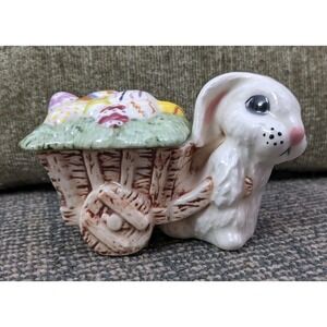 Vtg Ceramic Easter Bunny Rabbit With Wagon Egg Cart Trinket Dish Covered
